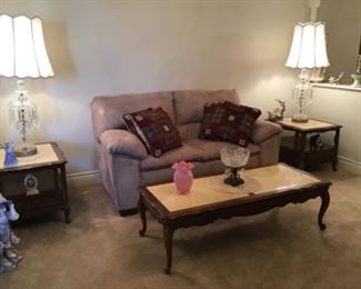 Love Seat, Marble top Coffee Table and end tables. Crystal Lamps