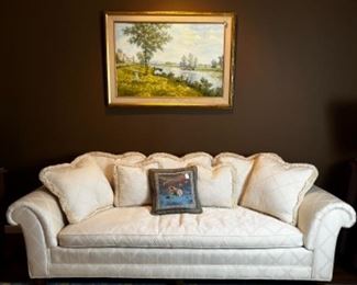 LOVELY OIL PAINTING-ESCAPE TO THE COUNTRYSIDE! CUSTOM WHITE SOFA-ELEGANT! LOVE THE COLORFUL FLORAL BLUE RUG AND OTTOMAN.