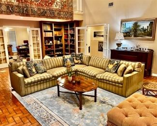 BEAUTIFUL PASTEL BLUE SILK AND WOOL RUG, CAMPAIGN COFFEE TABLE, AND DOWN SECTIONAL.