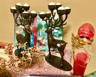 NEIMAN MARCUS HEAVY REINDEER CANDELABRAS! VINTAGE CHALK FLAPPER GIRL!