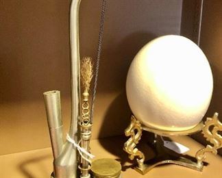 ANTIQUE PAKTONG CHINESE OPIUM PIPE WITH A LARGE OSTRICH EGG BEHIND.