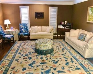 Beautiful rug! Large room sized with blues, inks, and yellows.
