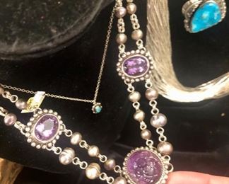 NEIMAN MARCUS STEPHEN DWECK AMETHYST STERLING NECKLACE WITH MATCHING RING.