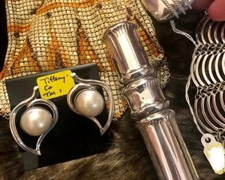 TIFFANY & CO MAKEUP BRUSH, EARRINGS, HEART PERFUME BOTTLE, FLAPPER PURSE!