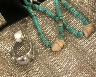 TURQUOISE SLICES, HARLEY DAVIDSON HEAVY SKULL RING, BEAUTIFUL VINTAGE BEADED PURSE!