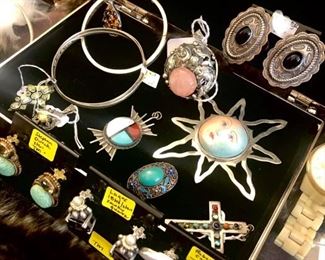 MORE FUN INCLUDING THE PINK JADE KOI STERLING PENDANT, ZUNI AND CHINESE ENAMEL PENDANTS...HEAVY STERLING UNUSUAL SUN AND CROSS!