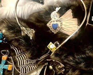 DANISH STERLING MODERN BRUTAL NECKLACE WITH AMETHYST, SWEET ANGEL HEART PENDANT.