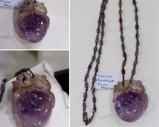 Large Carved Amethyst Stone Plum Pendant Necklace