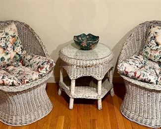 Item 39:  (2) Wicker chairs and side table (well loved) - this item is not in great condition - long on looks in a shabby chic way!:  $45/Set