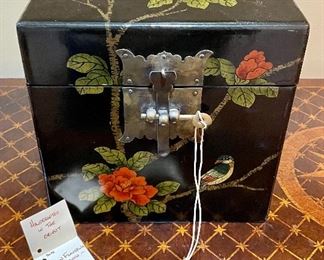 Item 38:  Decorative Box with Lock - feat. Bird on Flowering Branch - Hand Painted on Rice Paper - 9.75"l x 9.75"w x 9.75"h: $75