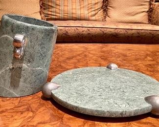 Item 75:  Funky Angled, Green Marble Wine Chiller and Matching Marble Cheese Board with Metal Accents: $45 for both