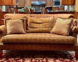 Item 10:  (2) Custom Upholstered Settees with Down Cushions & Pillows - burgundy and gold with nail head trim:  $645/Each                                                                                                                    Outside:  79"l x 43"d x 39.5"h                                                                  Inside:  59.5"l x 22"d x 22.5"h                                                                  Seat:  21"h & Arm 28"h            