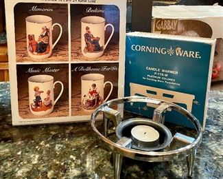 Item 98:  Corning Ware Candle Warmer and Norman Rockwell Mugs:  $14 (MUGS ARE SOLD)
