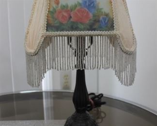 Meyda Tiffany Reverse Painted Rose Fabric Fringe Beaded Shade Lily Pad Base