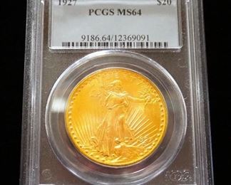 1927 St. Gaudens Double Eagle $20 Gold Coin, Certified PCGS, Graded MS64