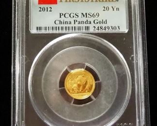 2012 China Panda 20 Yn Gold Coin, 1/20 oz .999 Gold, Certified By PCGS, Graded MS69