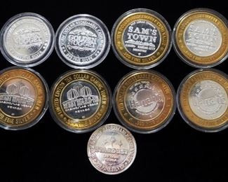.999 Fine Silver Casino Tokens, Includes Harrah's, Stardust, Sam's Town, Golden Nugget, And Westward Ho, Total Qty 9