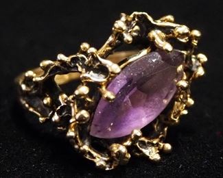 14K Gold Ring With Purple Stone (Believed To Be Amethyst), Size 6-3/4, Approx 6.18 g Total Weight Including Stone