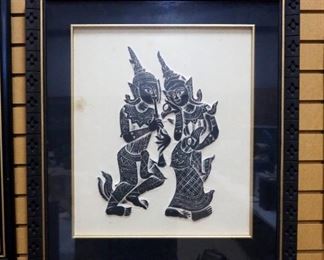 Thai Kinnara Flutist And Dancer Relief Image, Oil Chalk On Rice Or Mulberry Paper, Teak Frame, Matted Under Glass, 29" H x 26" W