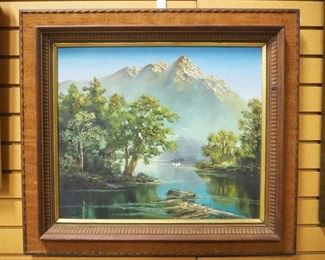 Original Oil On Canvas Of Mountain And River, Possibly In Japan, Signed But Name Undeciphered, Framed, 25" H x 28" W