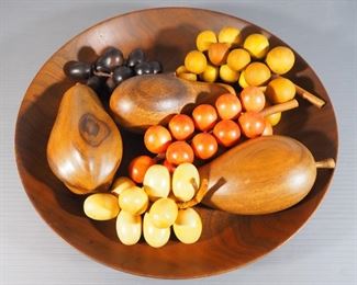 Monkey Pod Wood Serving Bowl, 13" Dia., With Faux Wood Fruit And Serving Utensils