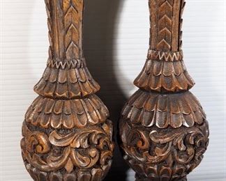 Hand Carved Monkey Pod Wood Items, Includes Jewelry Box With Red Velvet Lining, 11.5" Serving Tray, Coasters In Lidded Jar, And Matching 10" Vases