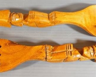 Carved Monkey Pod Wood Salad Bowl Set, Includes 12" Serving Bowl, Individual Salad Bowls, Qty 16, And Carved Figural Serving Utensils