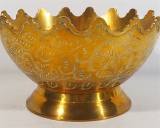 Brass Bowl With Scalloped Top and Flower Etchings, 8" Dia.