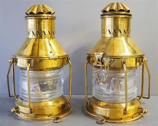 Brass And Glass Ship Style Hanging Or Table Top Oil Lamps, Tops Flip Open To Reveal Inner Oil Lamp, Qty 2, Approx 9.5" H
