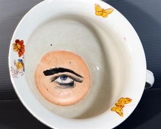 Antique Chamber Pot With Painted Flowers On Exterior And Pained Eye On Interior