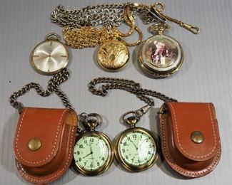 Pocket Watch Assortment, Various Brands, Some With Leather Cases, Total Qty 5, And Pocket Watch Chains