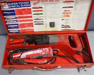 Milwaukee Sawzall Model 6508, Powers On, With Extra Blades, In Metal Carry Case