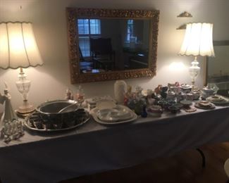 Pair of brass & glass Lamps w/ scalloped shades, variety of ceramic and porcelain, along with pewter Punch Bowl and Serving Tray
