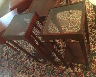 Pair of tall mahogany Side Tables w/ glass tops