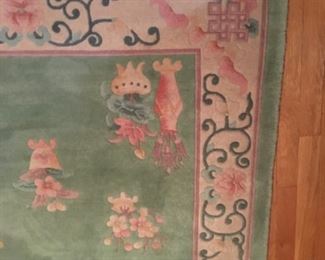 Pink & green Asian-style 5 x 7 wool Rug w/ fringe