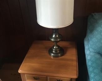 Pair of metal Lamps w/ barrel shades on maple Side Tables