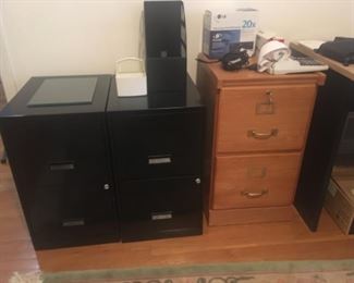 Pair of 2-drawer metal File Cabinets, one oak w/ office supplies