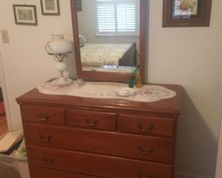 Maple 6-drawer Dresser w/ attached Mirror and milk-glass Lamp (part 3 of 4 pieces)