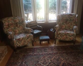 Pair of matching Wingback Recliners made by Laz-y Boy w/ Footstool and Magazine Rack