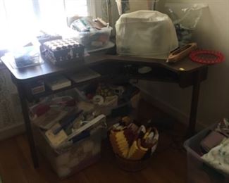 Corner Desk w/ Bernini Sewing Machine and all things Sewing Supplies (thread, fabric, knitting supplies, scissors, etc.)