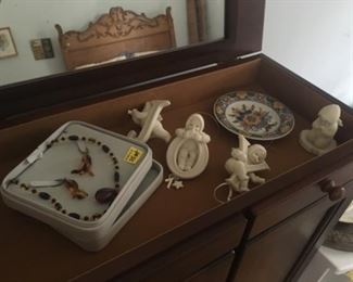 Treasure trove of Amber necklace and earring set with multi-colored Defltware and small collection of Snow Babies