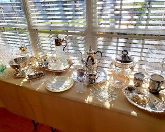 Silverplate, glassware, and other dining items