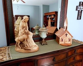 Large plaster sculpture, wood church, decorative Italian urn