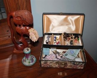 Vintage costume jewelry, African wood carving, antique hat pin holder