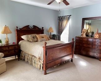 Lot 1 - Fine Furniture Design "European Revival" Queen Bedroom Set - queen bed with nice Simmons Beautyrest mattress - bedding included, 2 nightstands, dresser with mirror, and highboy chest-of-drawers