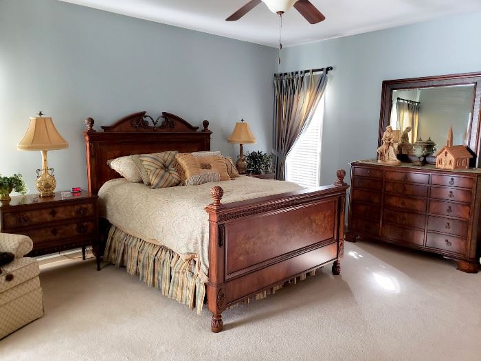 Lot 1 - Fine Furniture Design "European Revival" Queen Bedroom Set - queen bed with nice Simmons Beautyrest mattress - bedding included, 2 nightstands, dresser with mirror, and highboy chest-of-drawers