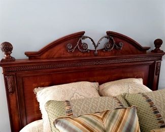 Lot 1 - Fine Furniture Design "European Revival" Queen Bedroom Set - queen bed with nice Simmons Beautyrest mattress - bedding included, 2 nightstands, dresser with mirror, and highboy chest-of-drawers