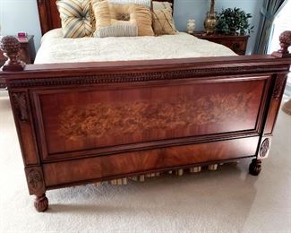 Lot 1 - Fine Furniture Design "European Revival" Queen Bedroom Set - queen bed with nice Simmons Beautyrest mattress - bedding included, 2 nightstands, dresser with mirror, and highboy chest-of-drawers