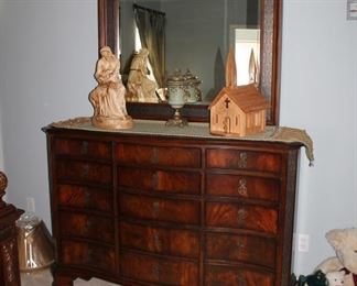 Lot 1 - Fine Furniture Design "European Revival" Queen Bedroom Set - queen bed with nice Simmons Beautyrest mattress - bedding included, 2 nightstands, dresser with mirror, and highboy chest-of-drawers