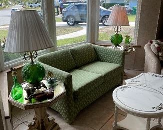 Love seat, vintage lamps and tables